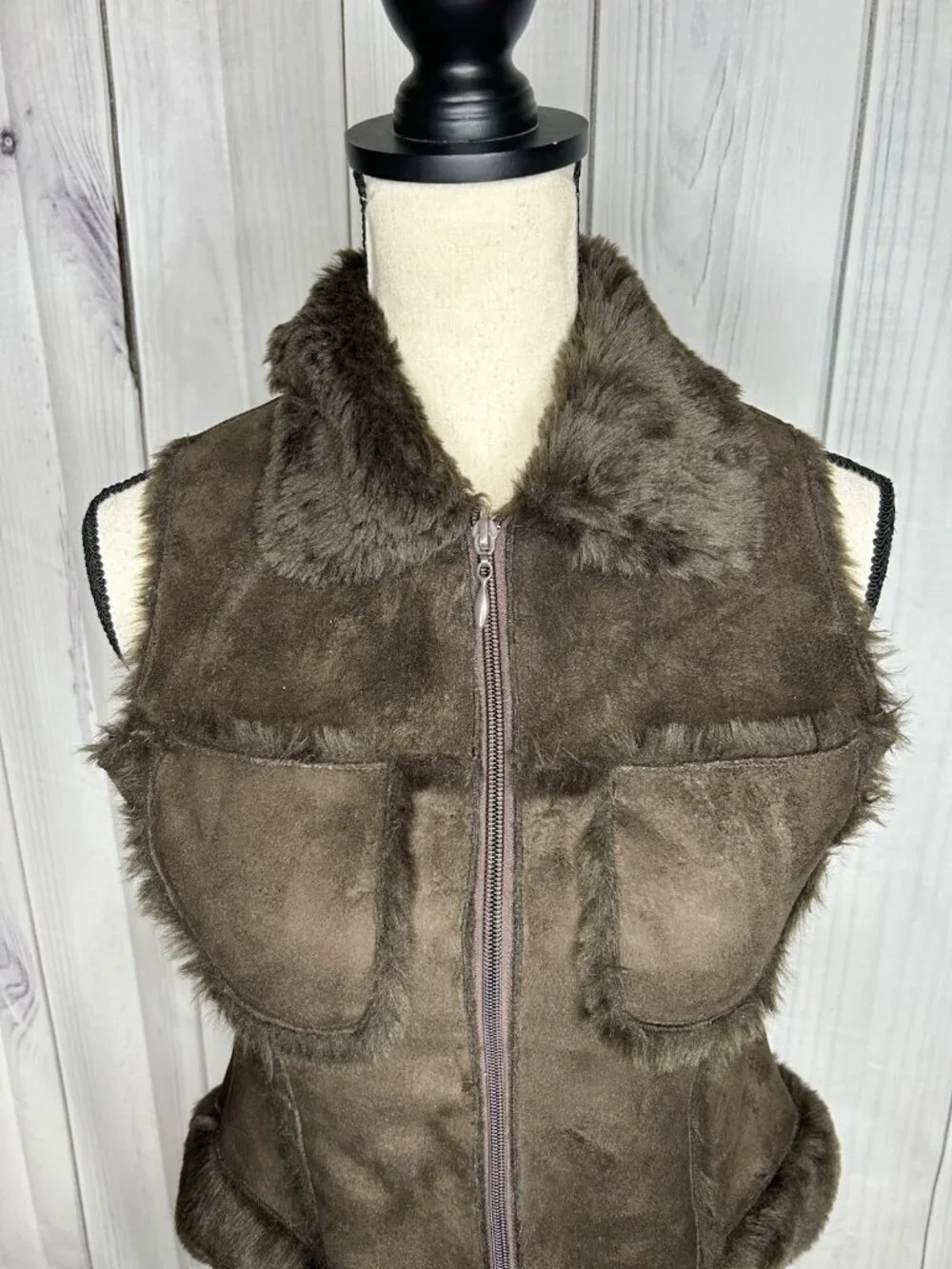 Bebe Faux Fur Suede Vest Womens Sz XS Brown Full Zip Vintage